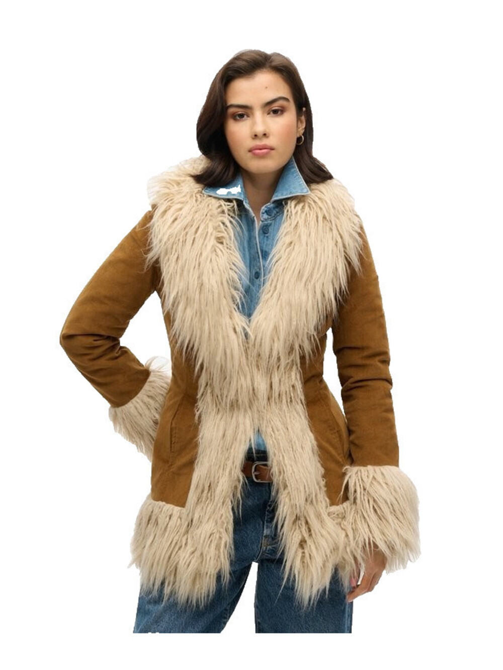Superdry US-4 S Small Coat Brown Corduroy Faux Fur Lined Trim Boho Afghan Coat